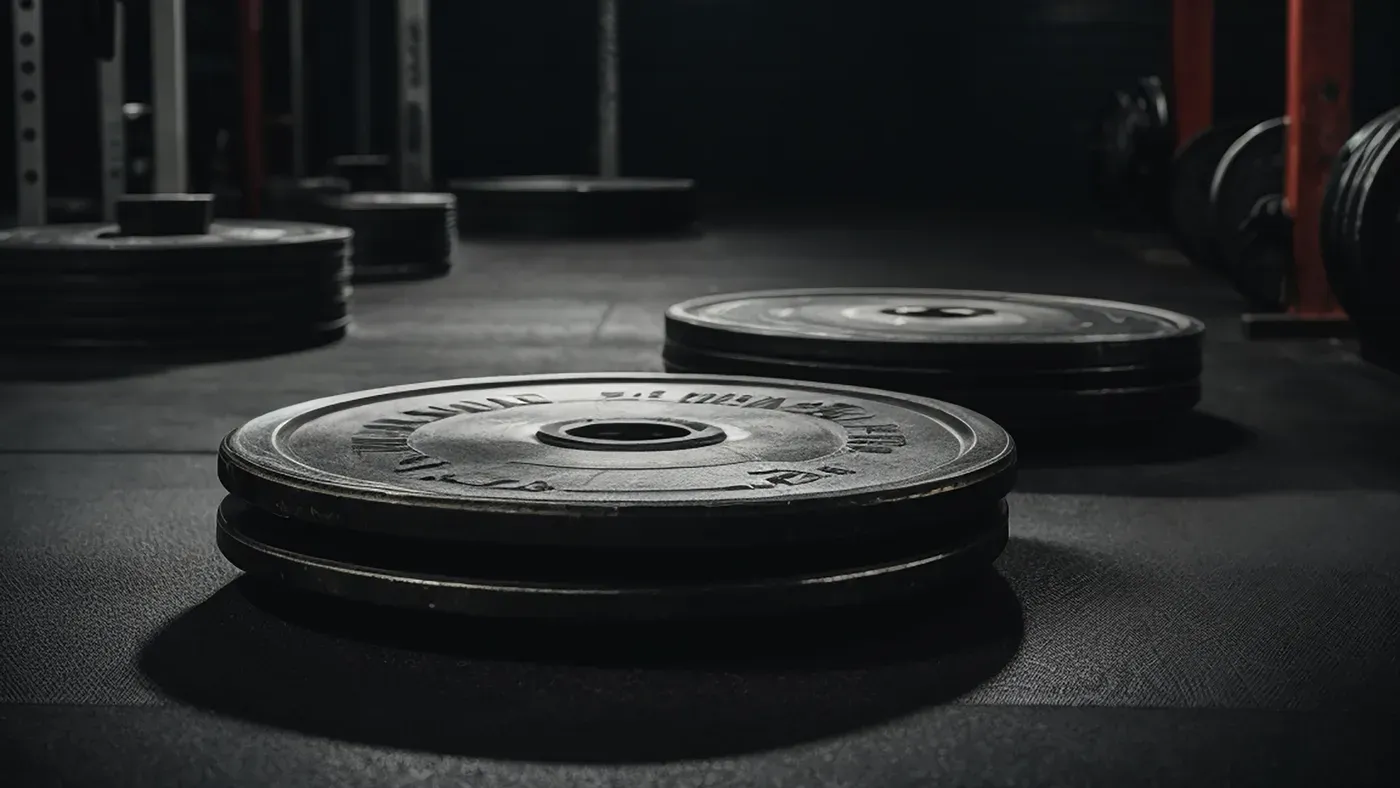 Skivstång med viktplattor i ett gym