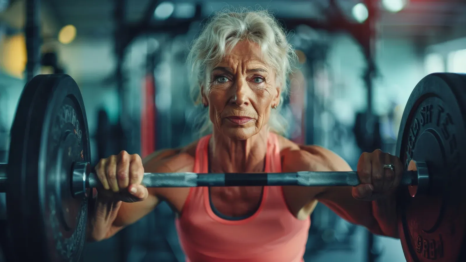 Kvinna i medelåldern håller en skivstång vid axelhöjd i ett gym, redo för en styrkeövning