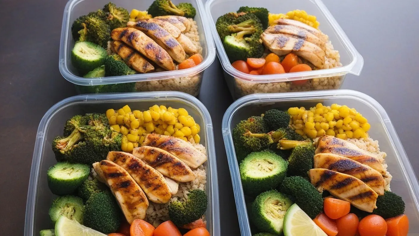 Portionerade lunchlådor med kyckling, ris och grönsaker förberedda för veckan