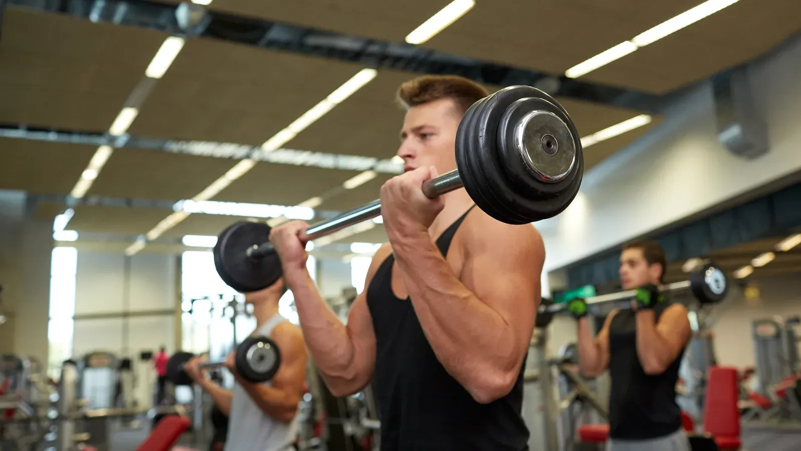 Lyftare som tränar med skivstänger i ett gym